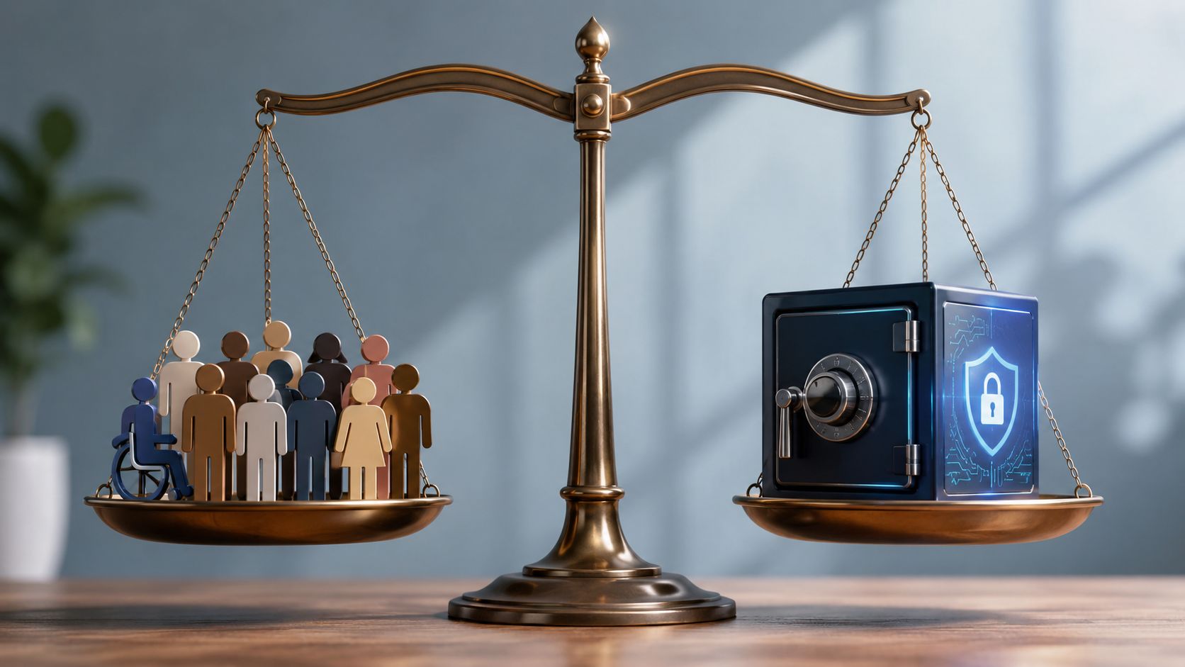 A scale balancing a group of diverse people against a digital security vault representing data privacy.