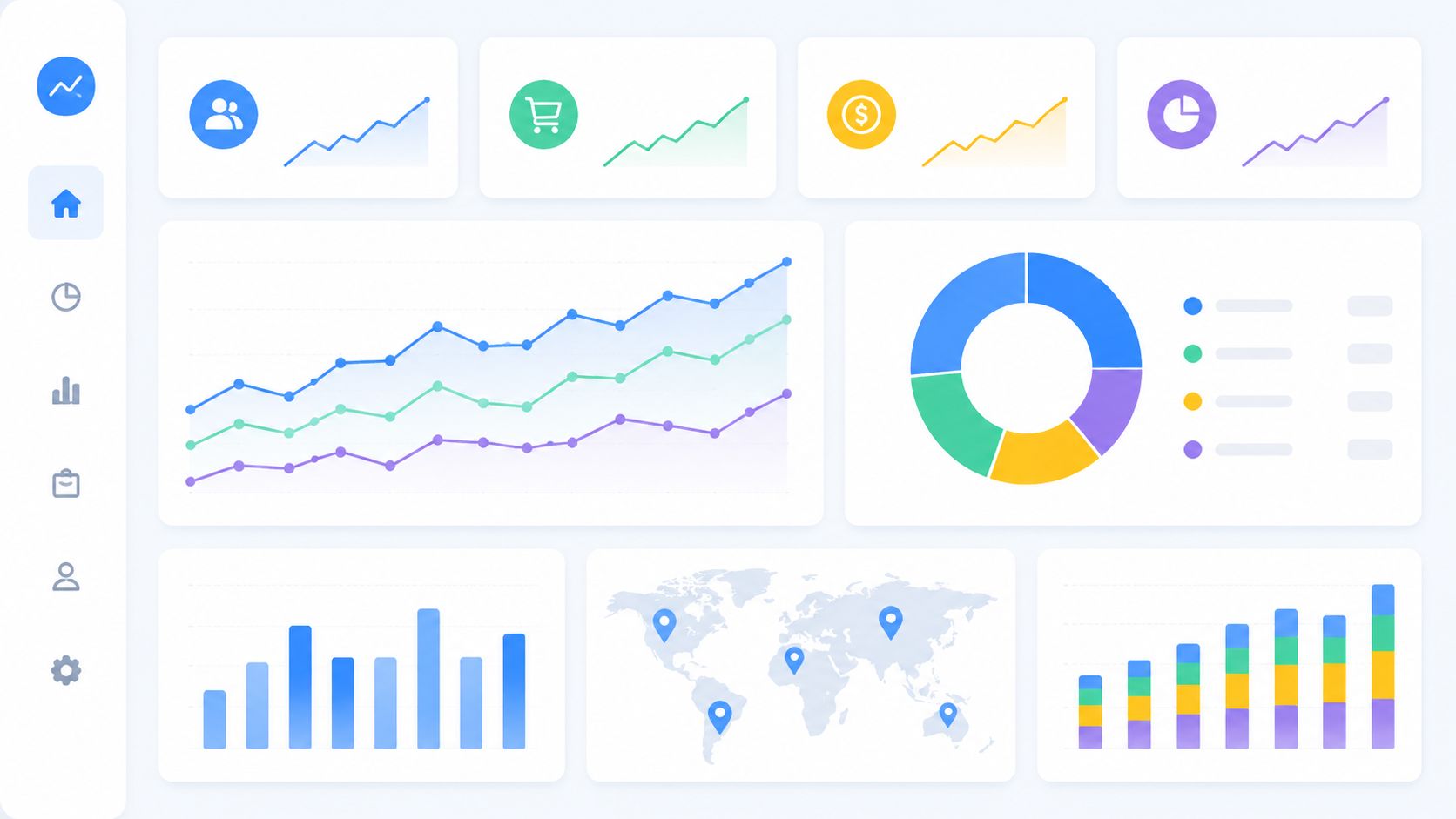 A clean, modern dashboard interface featuring various colorful data charts, line graphs, and global location pins.