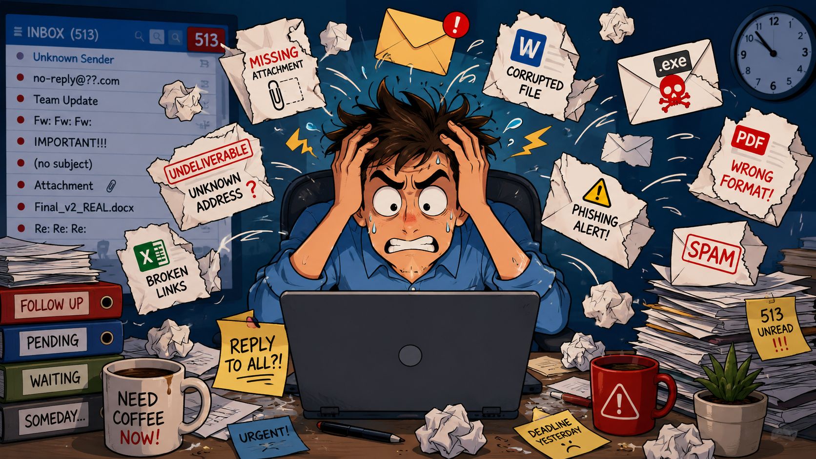 A stressed office worker sits at a computer overwhelmed by massive amounts of email and digital files.