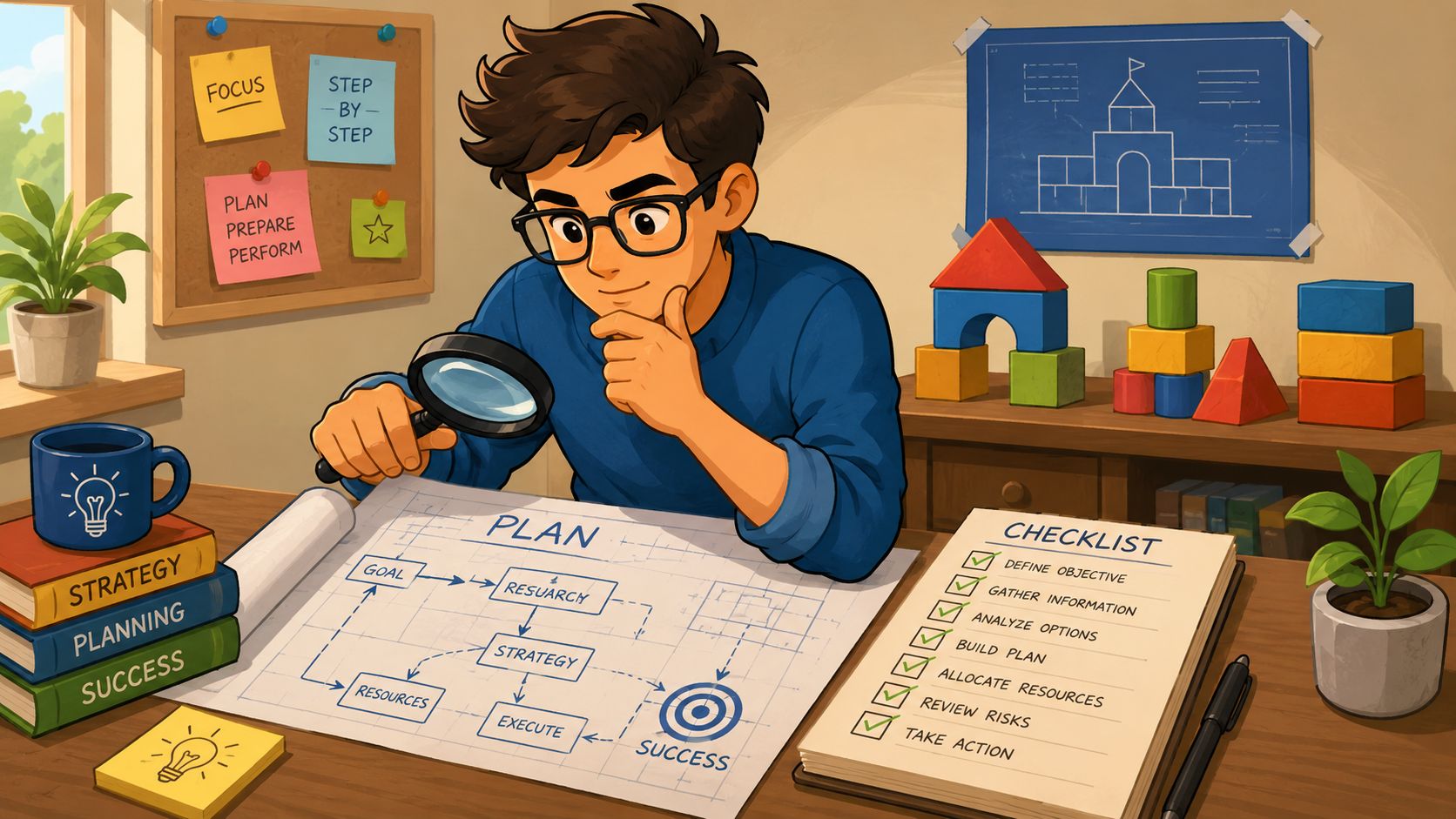 A young man with glasses examines a strategic business plan and checklist with a magnifying glass.