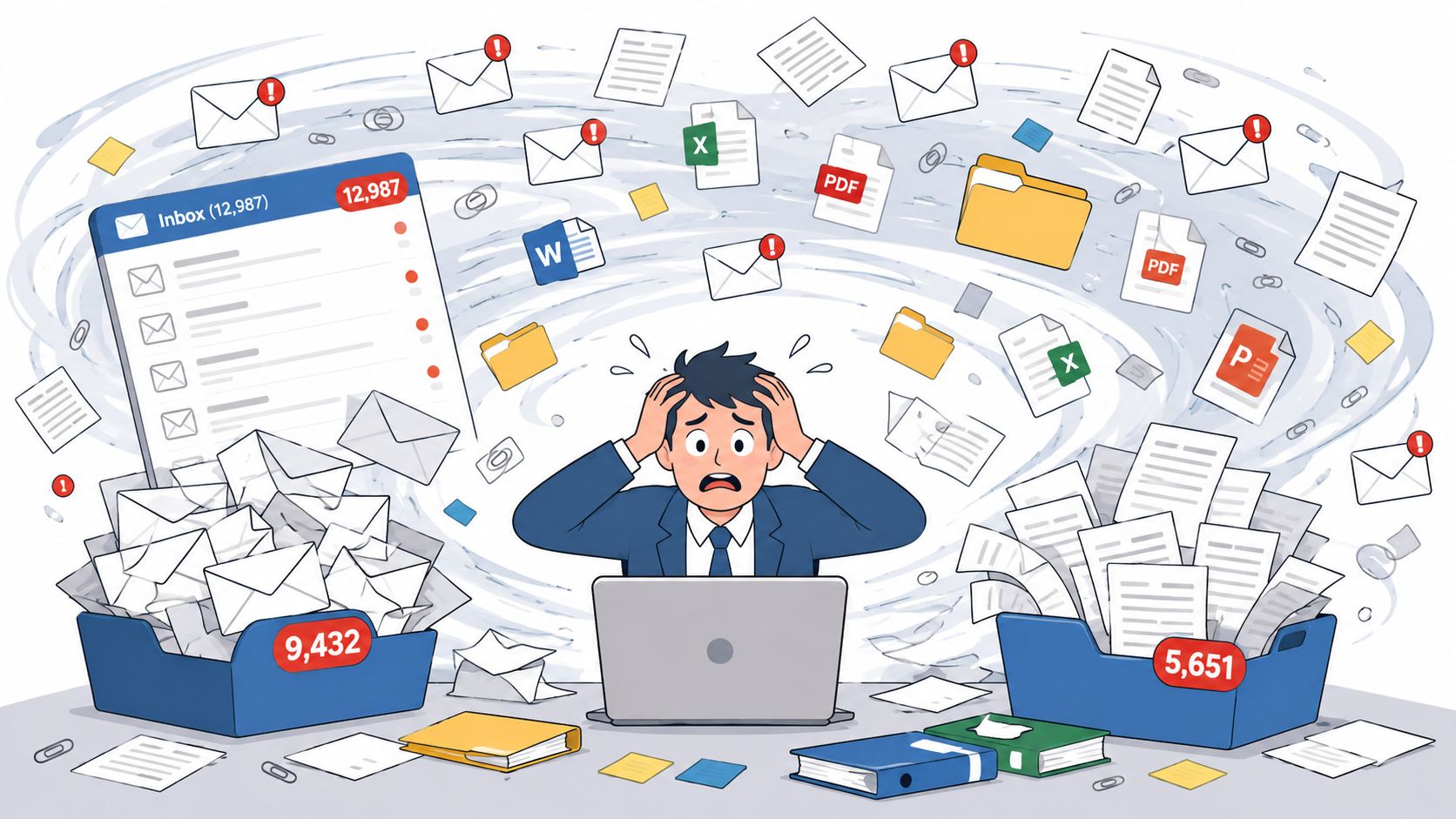 A stressed businessman overwhelmed by a massive digital workload of emails and office documents at his desk.