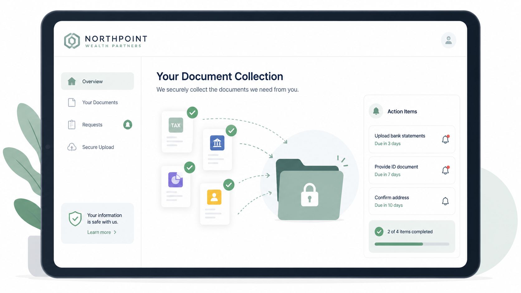 A digital tablet screen displaying a document collection portal for secure file uploads and task management.