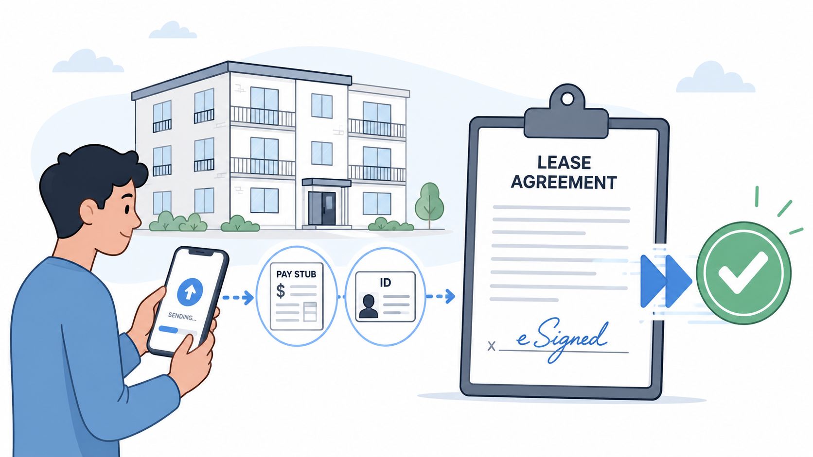 A person using a smartphone to submit documents for an apartment rental lease agreement digital signing process.