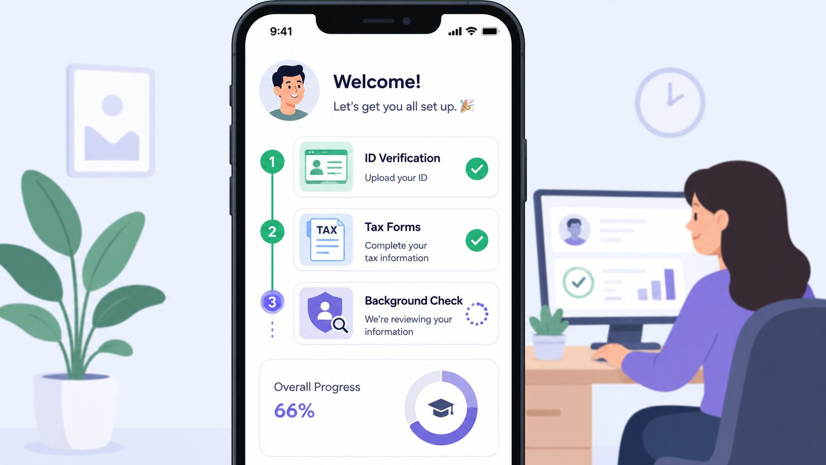 A smartphone screen showing a user onboarding workflow with ID verification, tax forms, and background check progress.