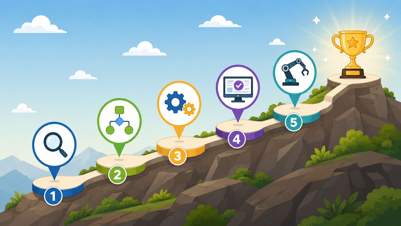 An illustration showing a five-step path up a mountain leading to a golden trophy, representing business success.