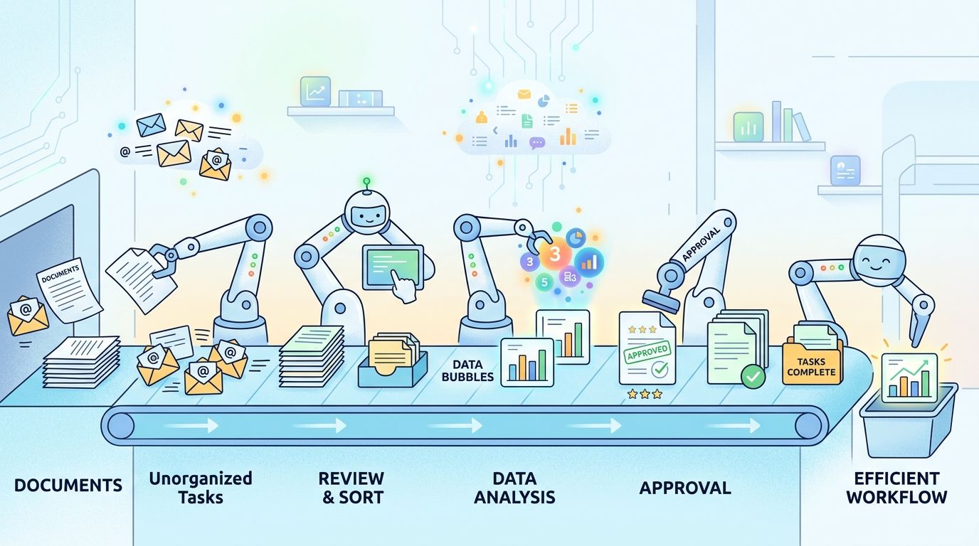 A cartoon showing robotic arms processing documents and emails on an efficient industrial workflow automation assembly line.