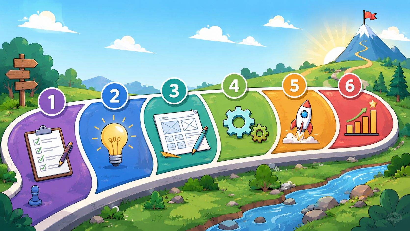 A colorful infographic showing a six-step business workflow process leading up a mountain towards success.
