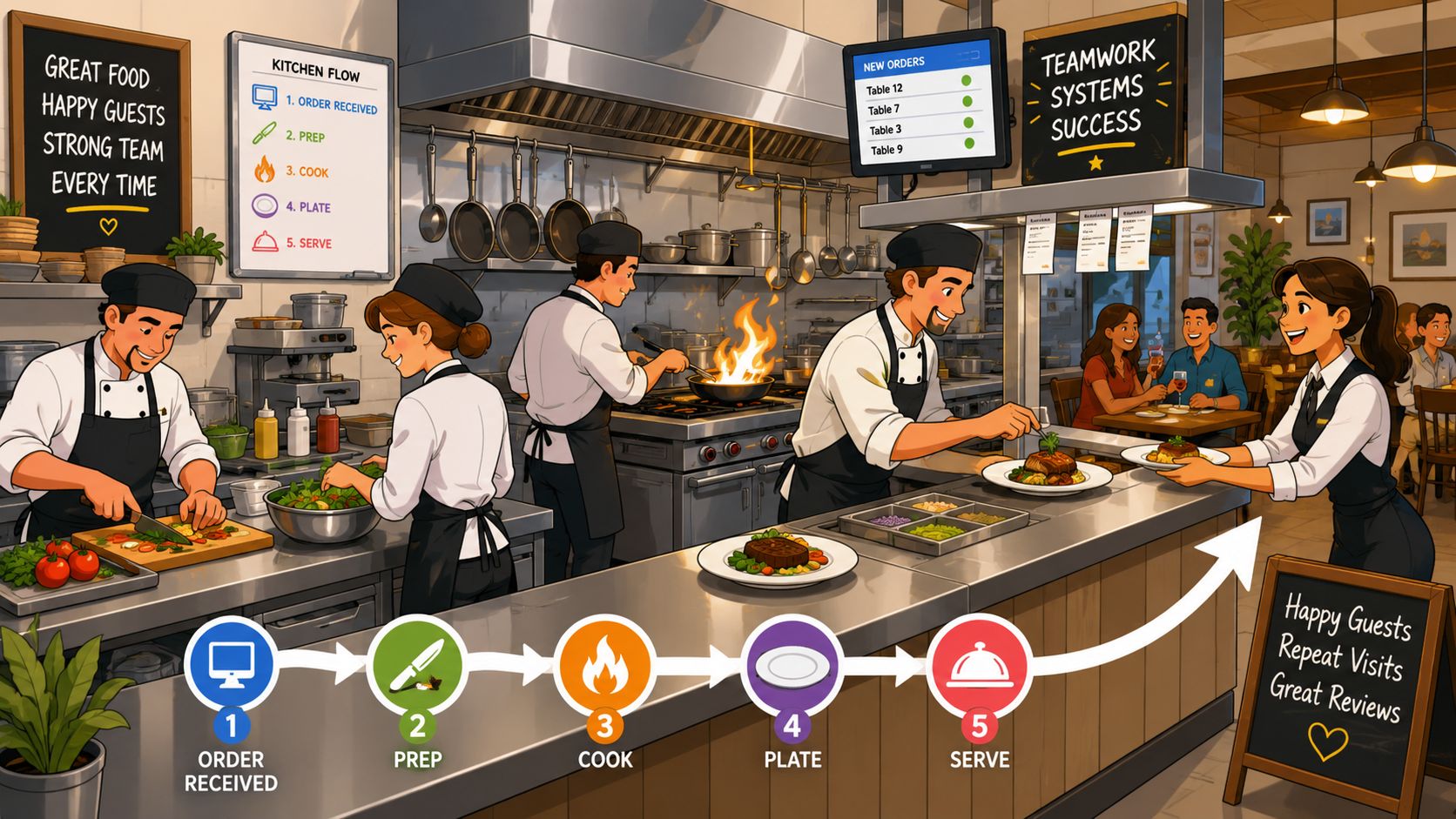 An illustration showing a restaurant kitchen team collaborating effectively with a clear visual workflow and service process.