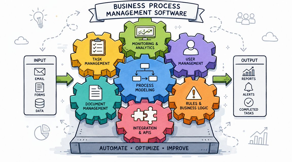 A diagram of Business Process Management Software showing interconnected gears for modeling, automation, tasks, and analytics.