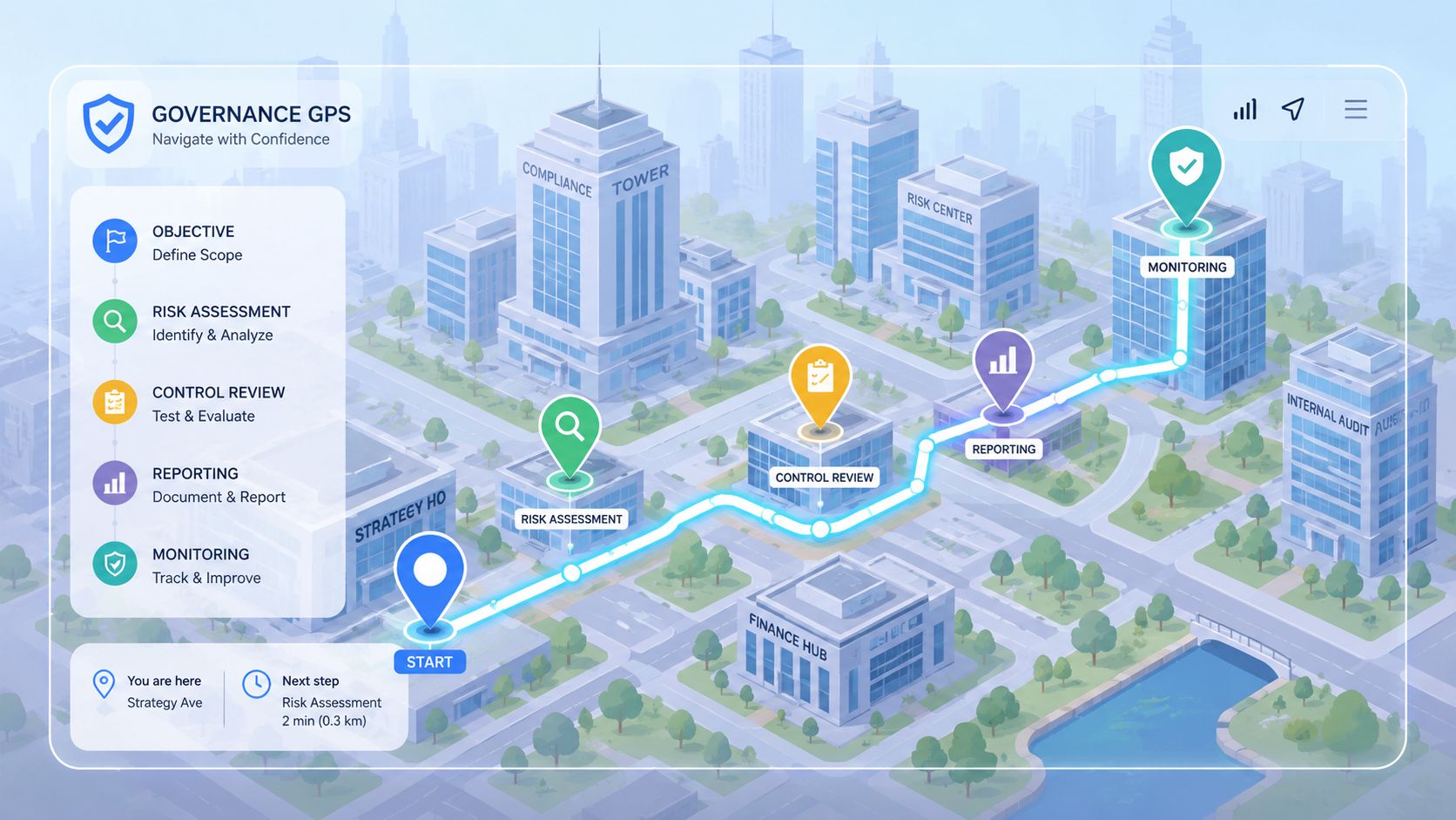 A digital map showing a step-by-step business governance process from start to monitoring on a city layout.