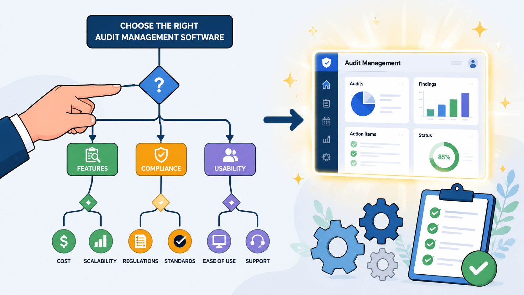 A flow chart illustrating the key factors to consider when choosing the right audit management software.