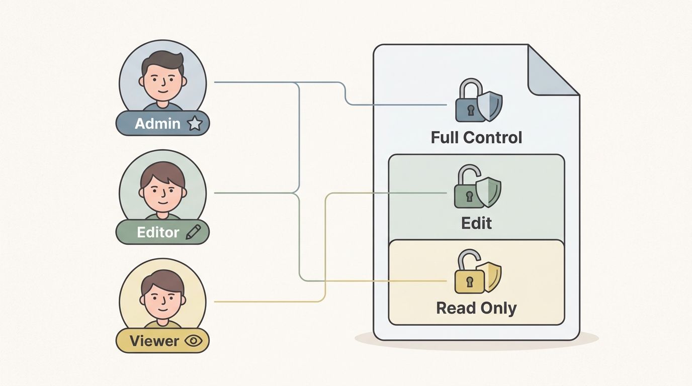 A diagram illustrating access levels for Admin, Editor, and Viewer with specific document permissions.