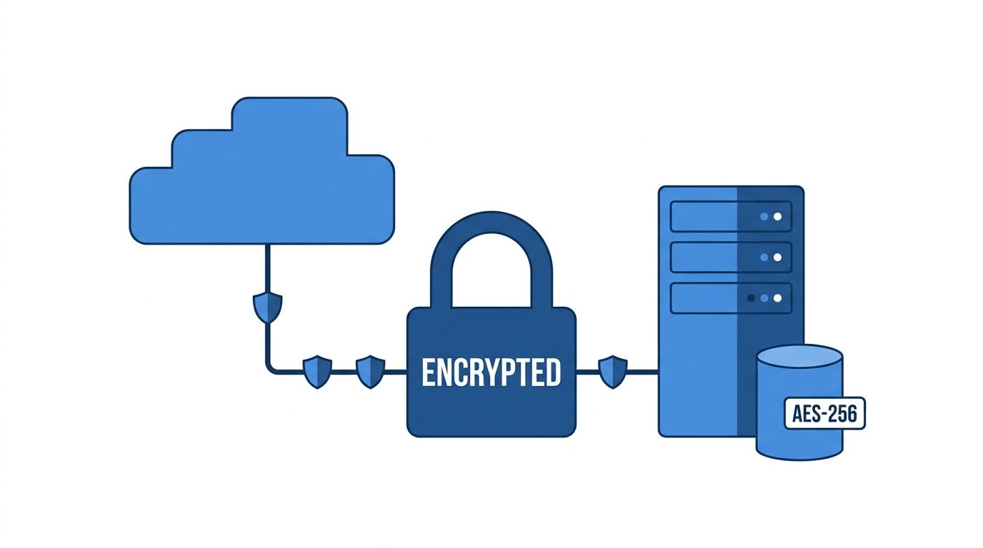 A conceptual illustration showing cloud data transmission secured by encryption symbols and AES-256 storage standards.
