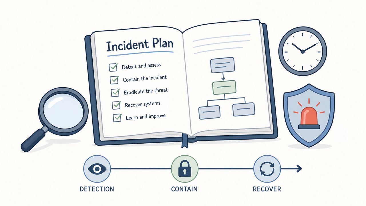 An open book displaying an incident response plan with a checklist, flow chart, magnifying glass, and clock.