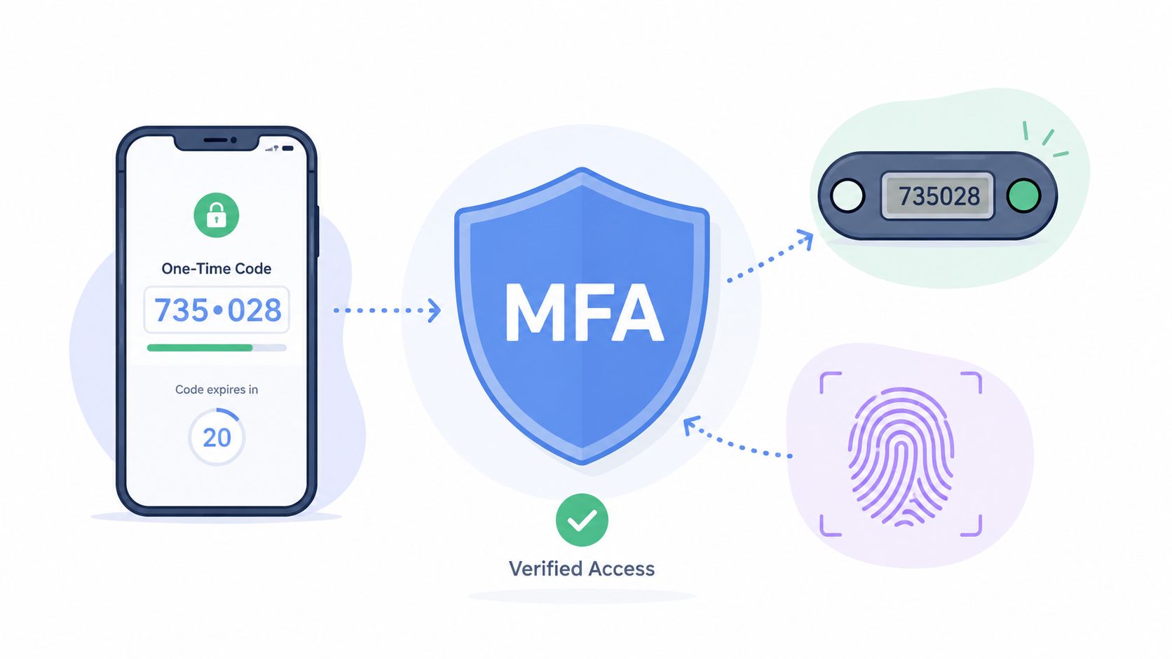 A digital illustration showing multi-factor authentication (MFA) with a smartphone, a security token, and fingerprint scanning.