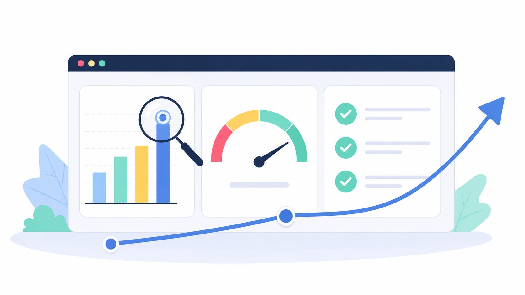 A digital dashboard showing performance charts, a speed gauge, and a checklist with an upward trend line.