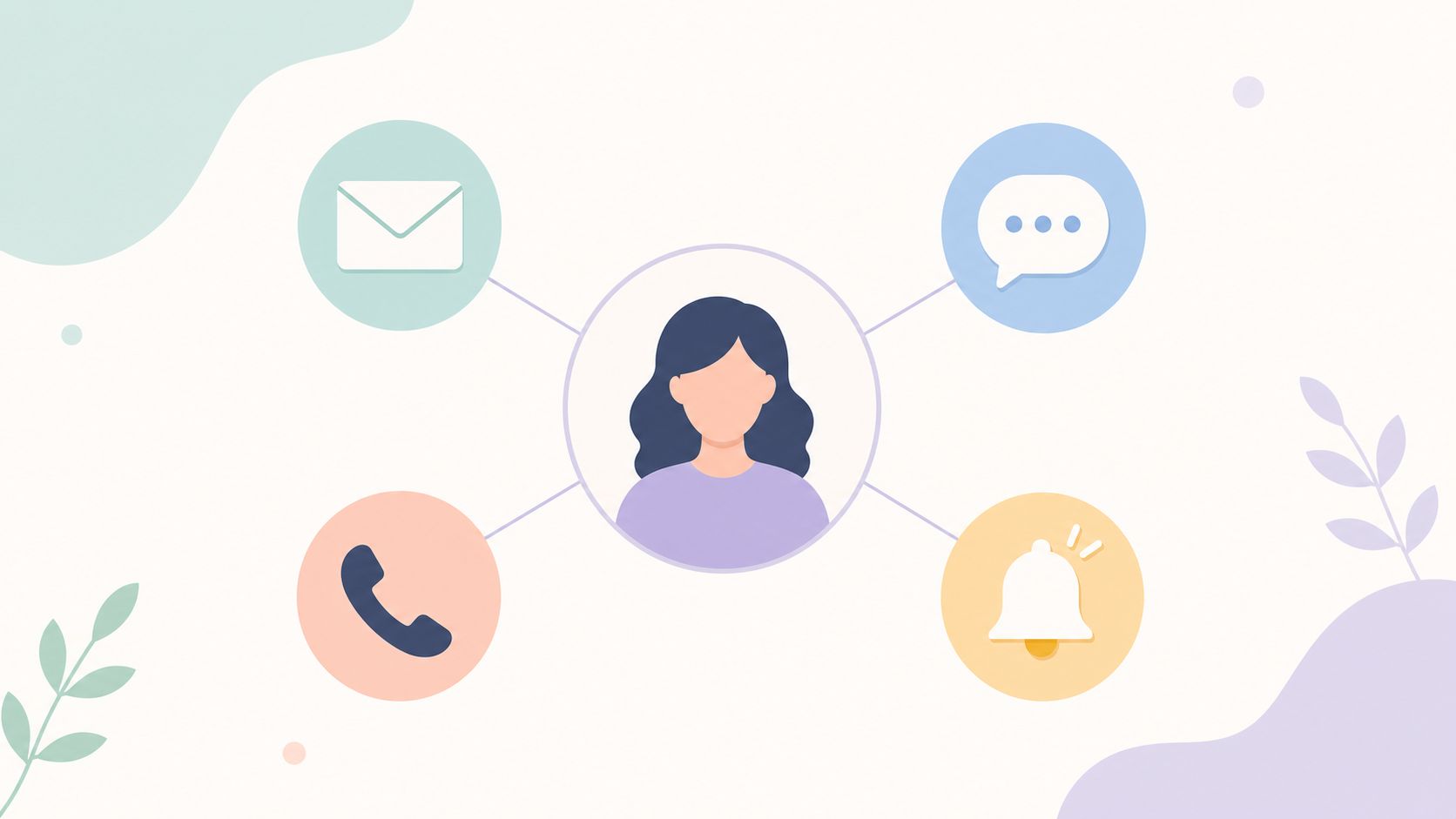 A digital illustration showing a person connected to icons representing email, chat, phone calls, and notifications.