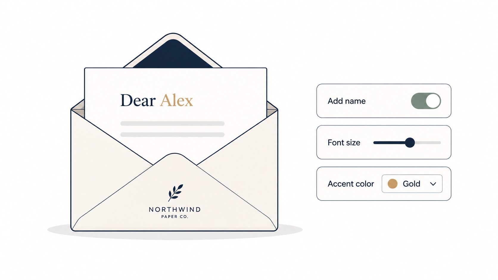 An illustration of an open envelope with customizable text options displayed in a side control panel.