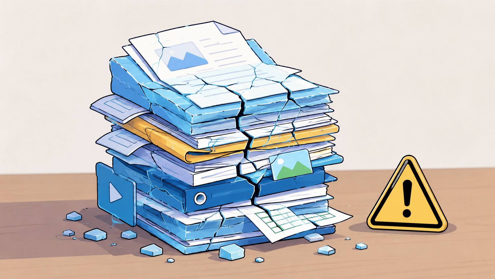 A stack of documents and folders cracking under pressure next to a yellow caution sign.