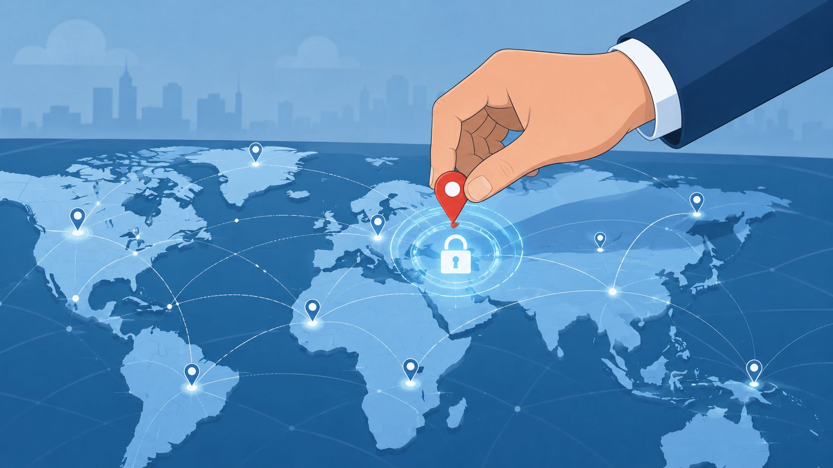 A hand placing a red map pin on a world map representing data residency and global security.