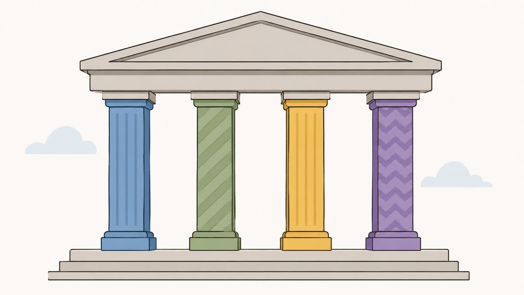 A digital illustration of a classical Greek-style building structure featuring four colorful decorative architectural columns.