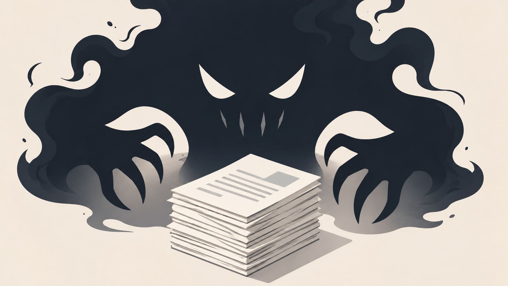 A dark, ominous shadow monster with sharp claws looming over a stack of important paper documents.
