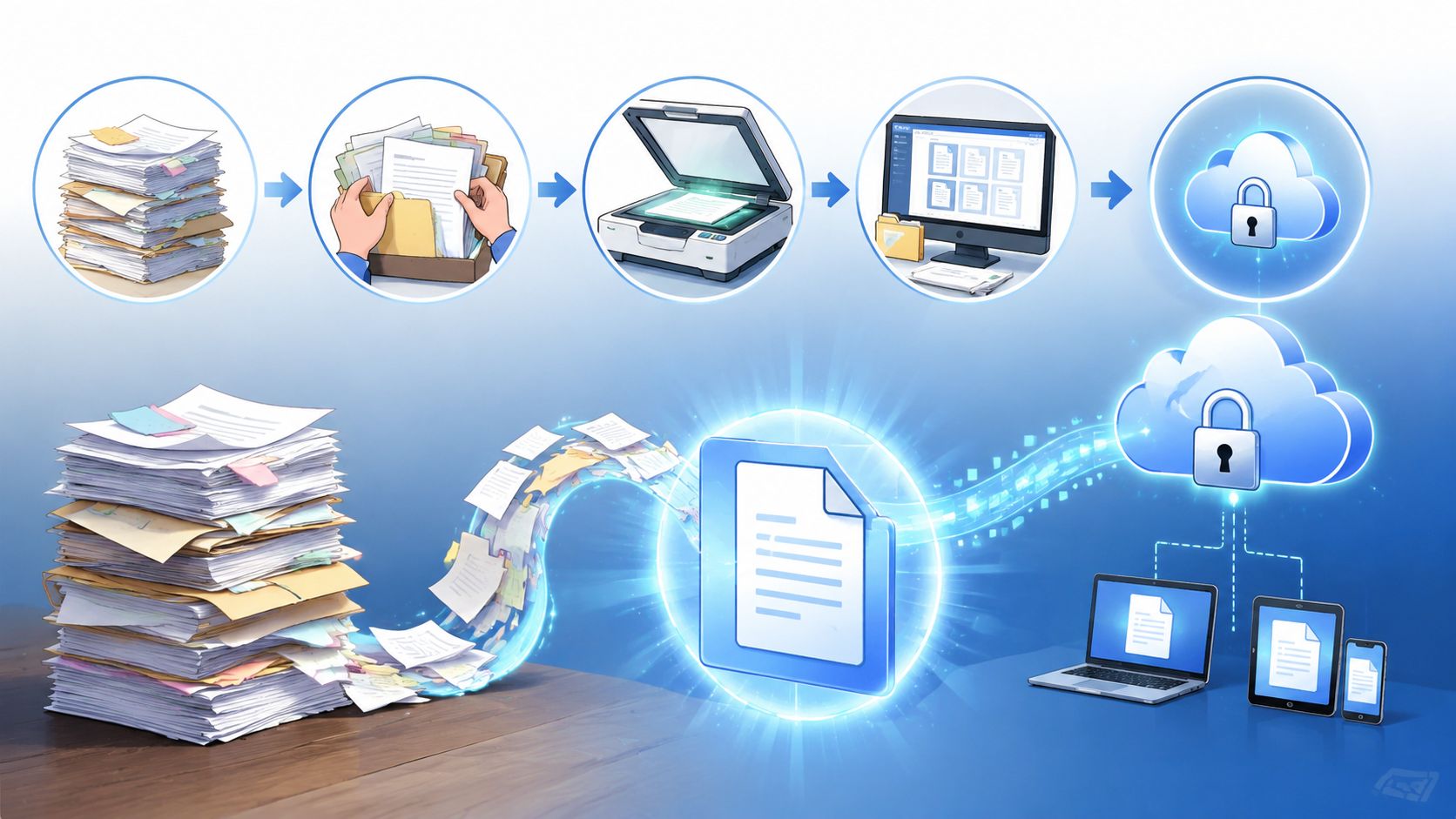 An illustration showing the process of converting physical paper documents into digital files stored in the cloud.