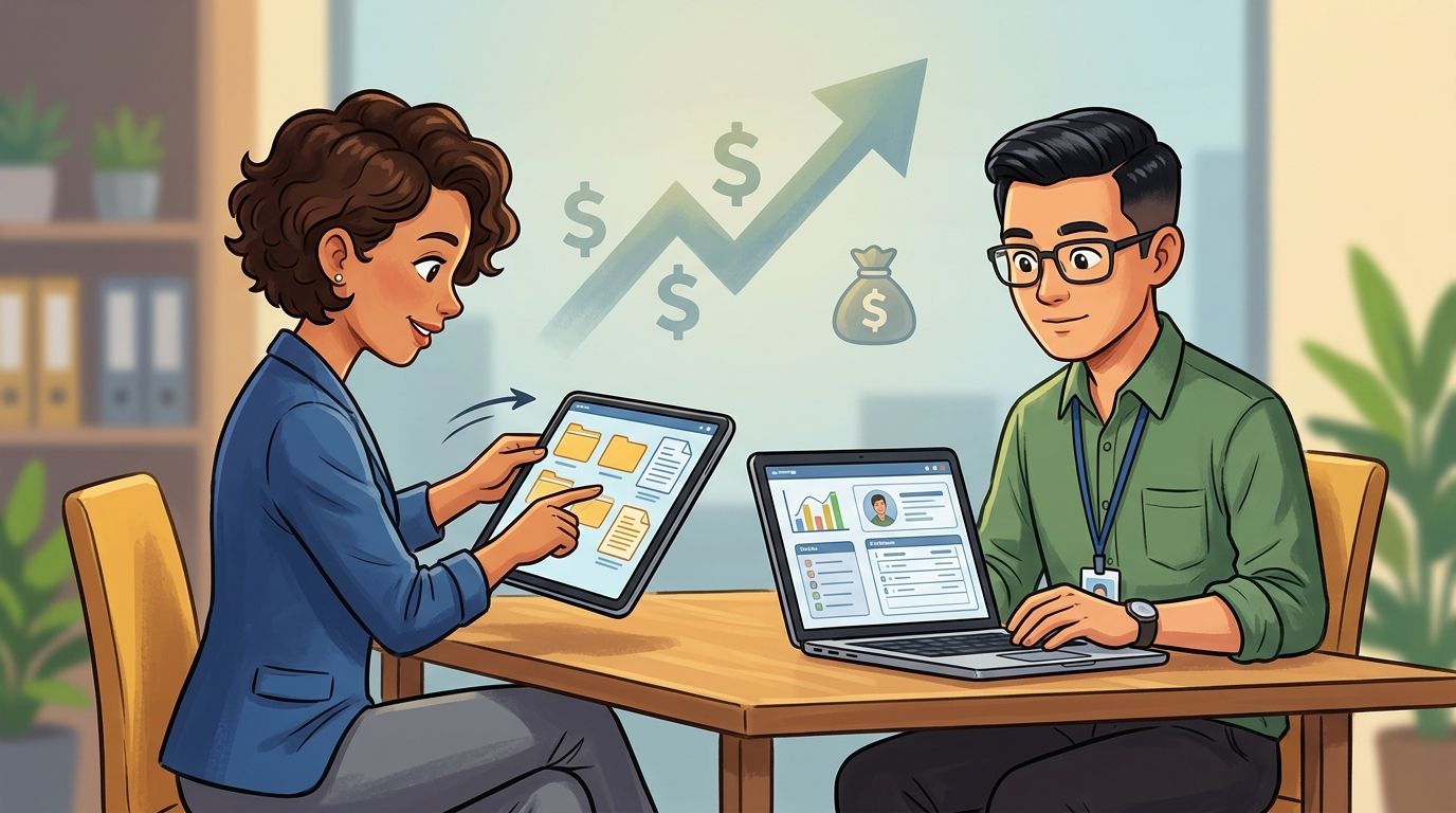 A professional man and woman collaborating on digitizing paper documents using a tablet and laptop computer.