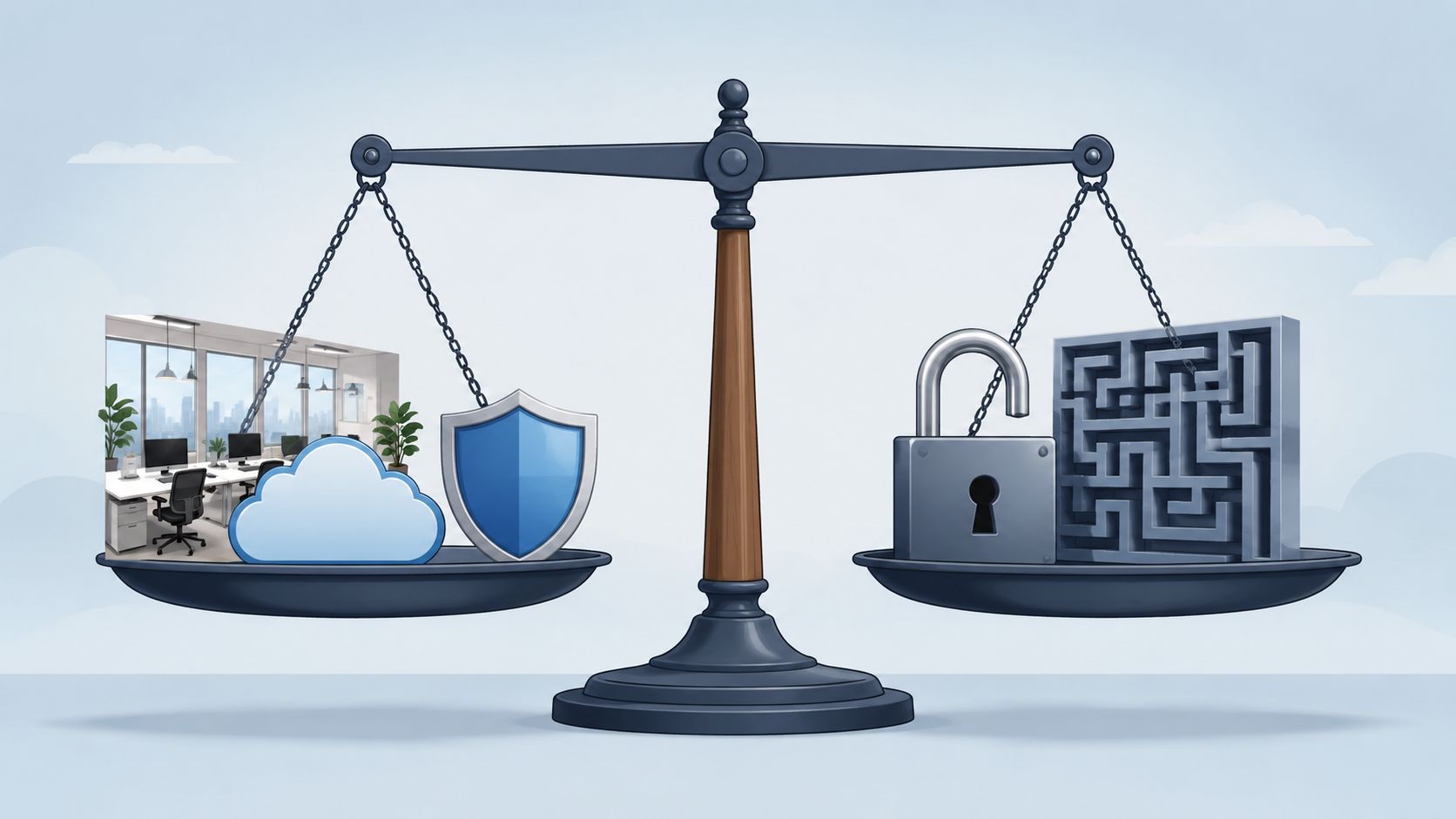 A conceptual balance scale weighing office workspace and cloud security against a complex security lock and maze.