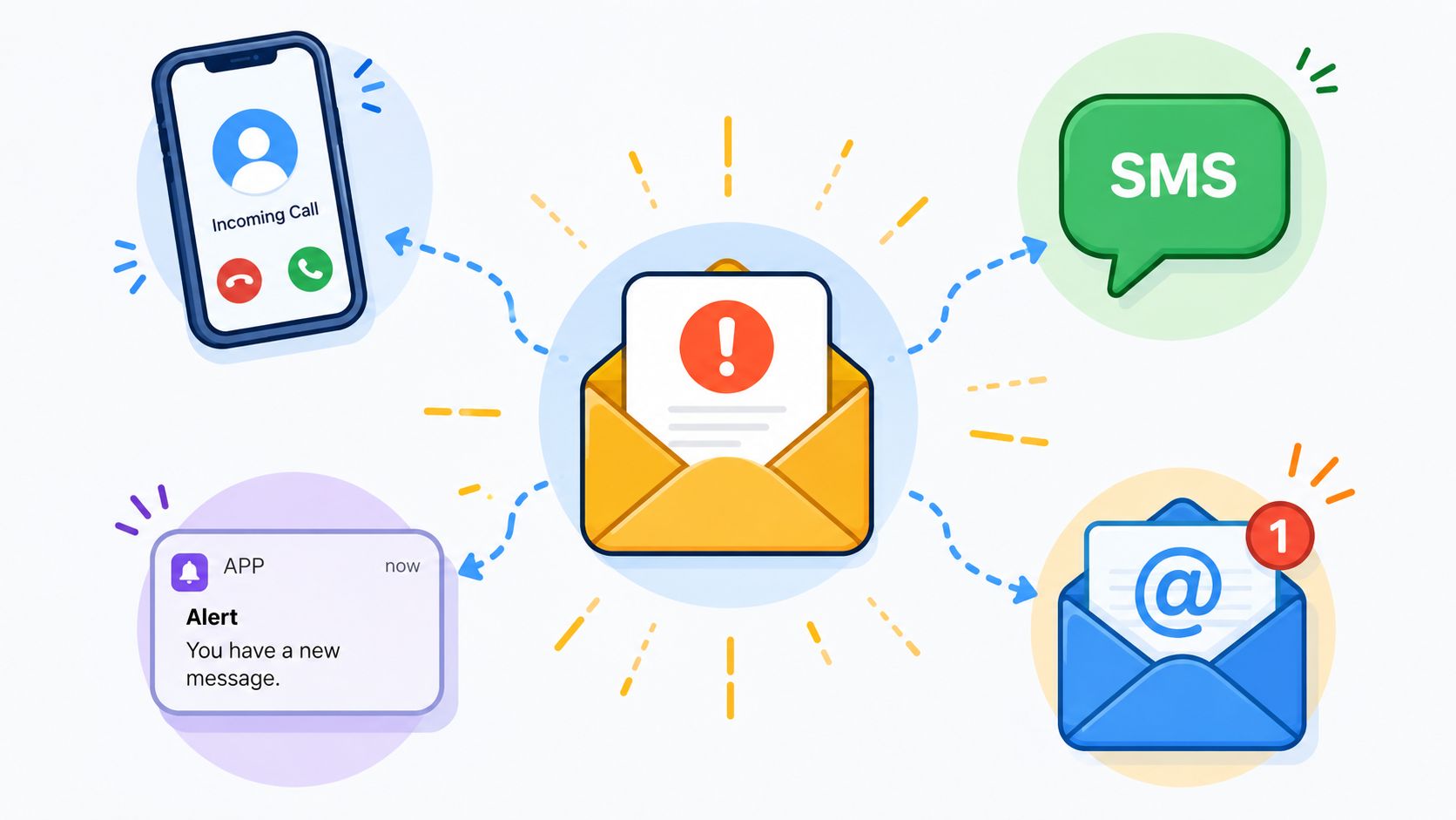 An illustration showing a central alert envelope sending notifications to a phone, SMS bubble, mobile app, and email.