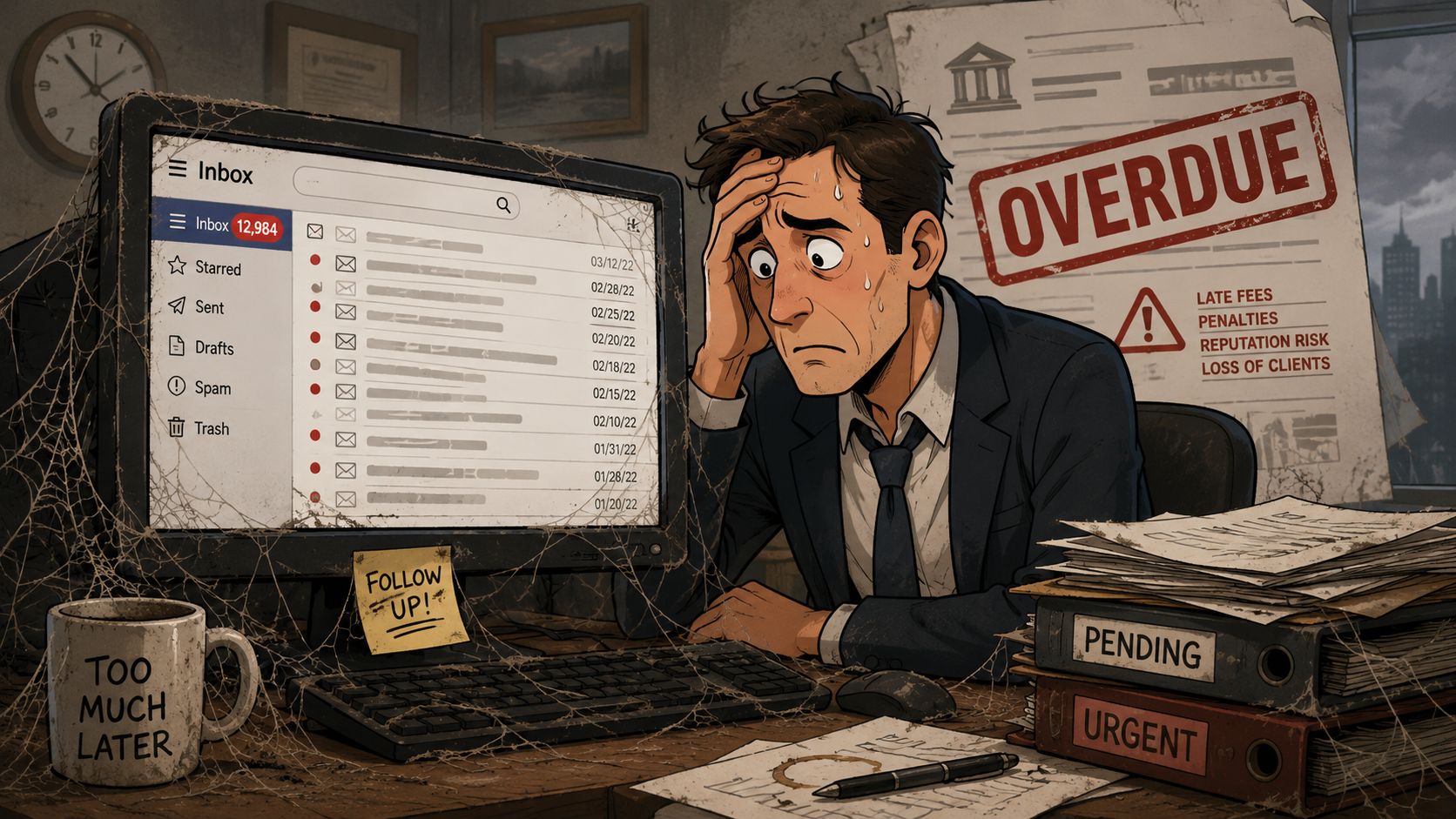 A stressed man overwhelmed by a massive inbox of unread emails and overdue paperwork in a dusty office.