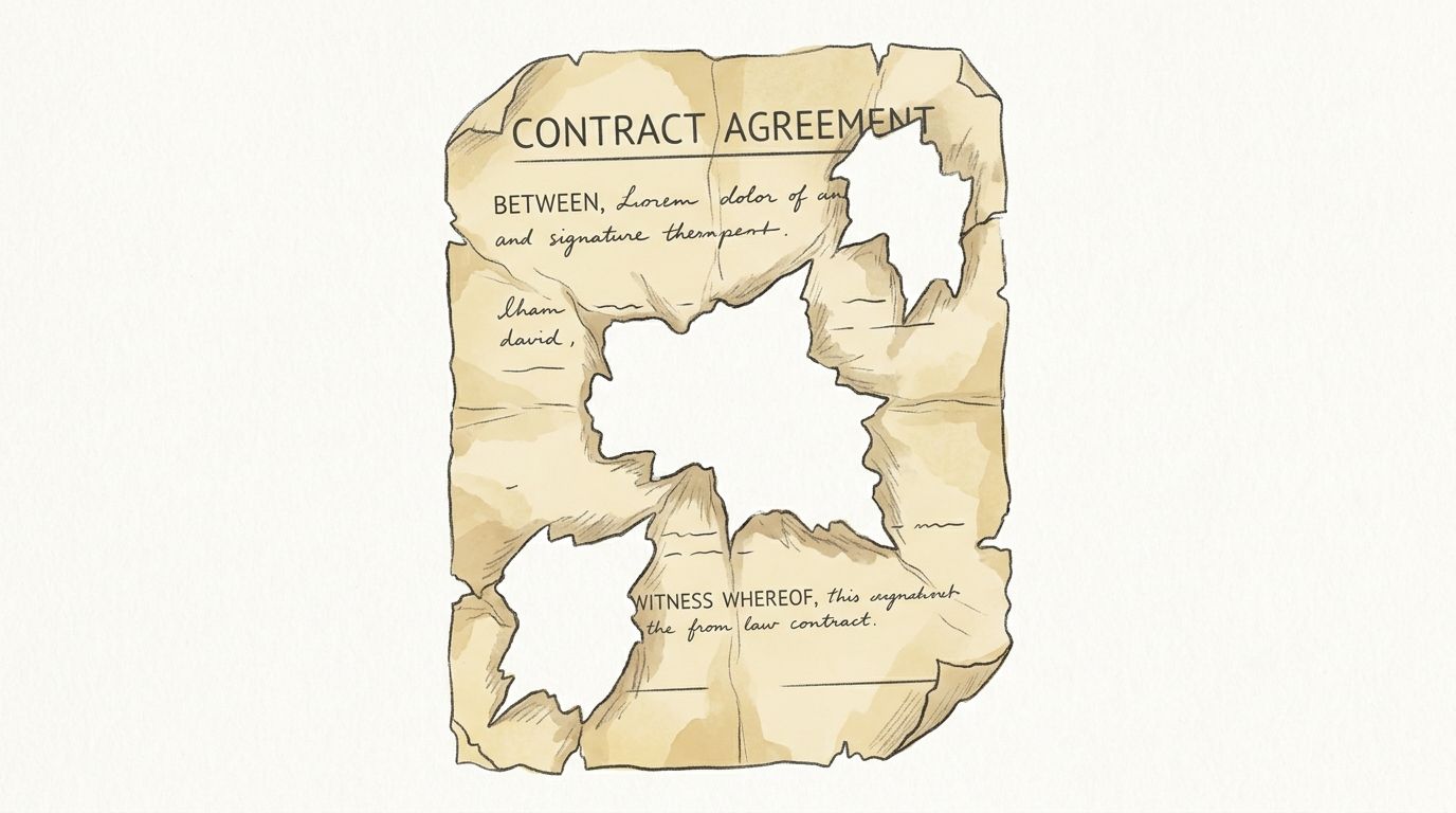 A tattered, old paper illustration titled contract agreement featuring illegible handwritten text and large torn holes.