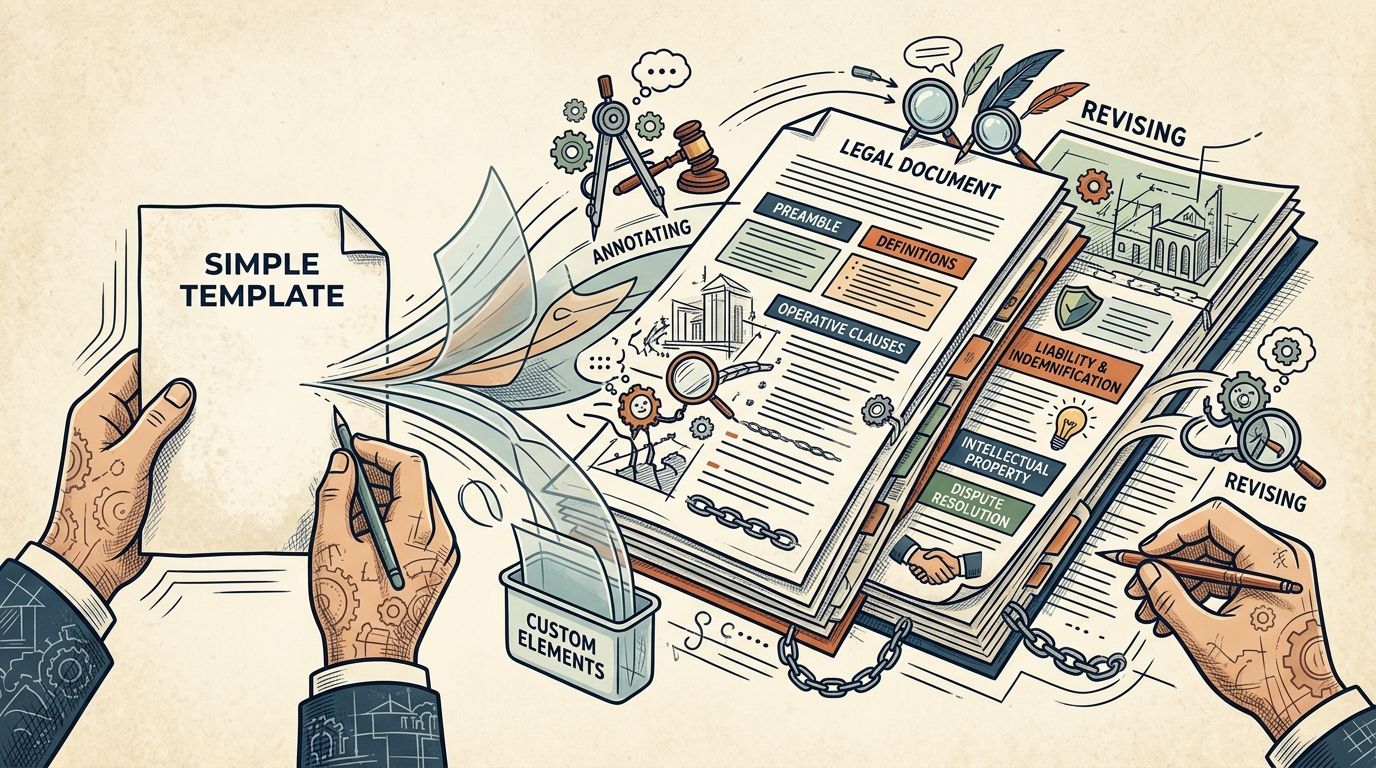 A conceptual illustration showing hands preparing franchise legal contracts using templates and custom elements for business documentation.