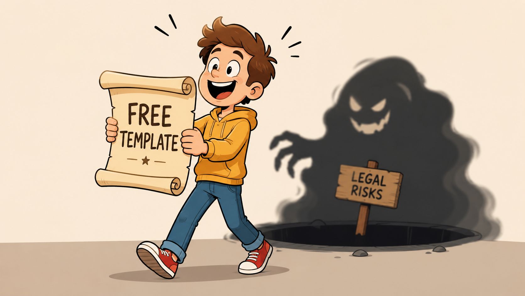 A cartoon boy happily holding a free template sign while walking toward a hidden legal risk shadow.