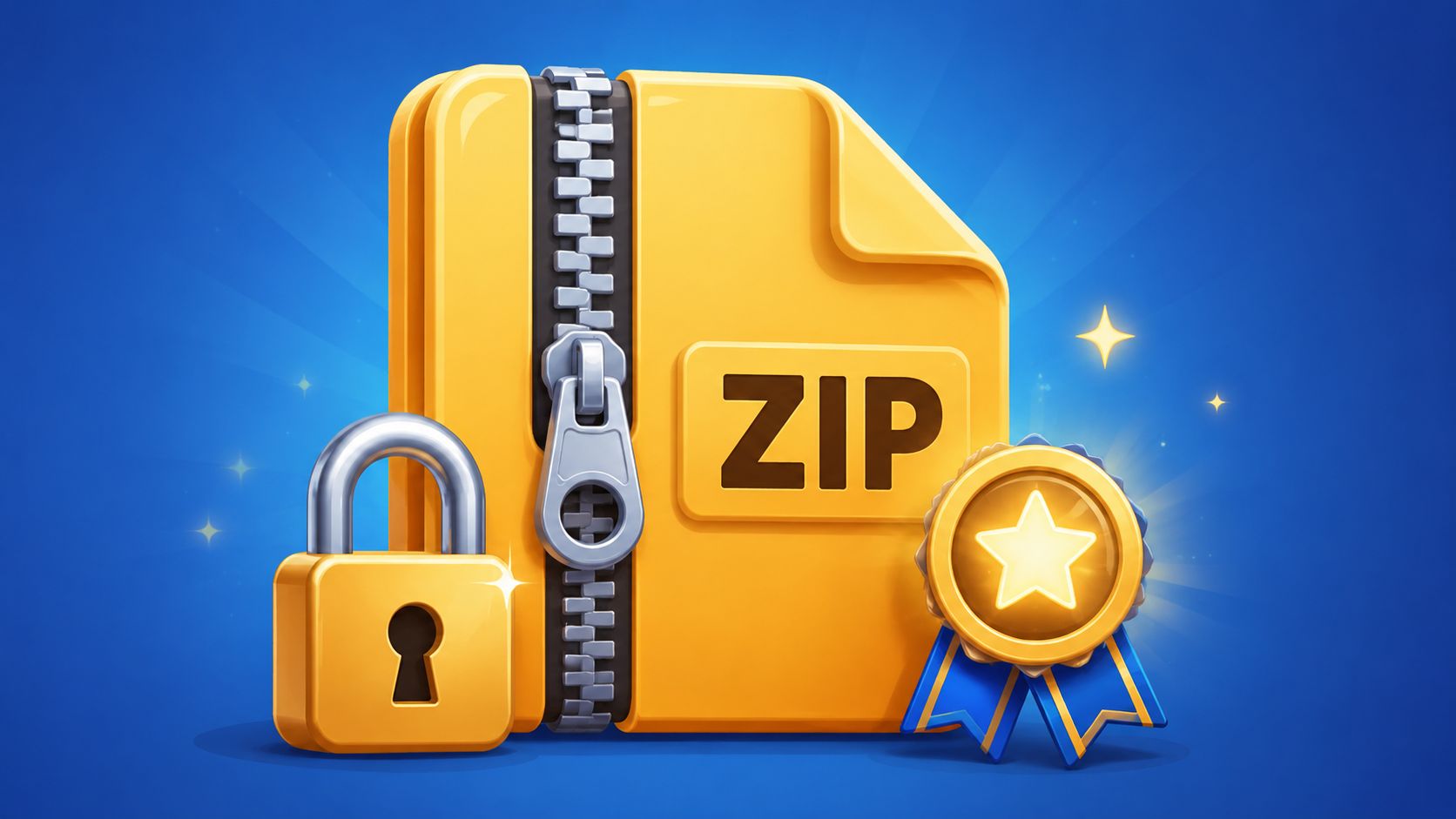 A yellow folder icon with a zipper, a padlock, and a gold star ribbon representing compressed files.