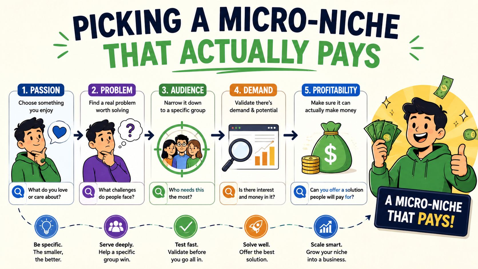 An infographic showing five steps to choosing a profitable micro-niche for building a successful business.