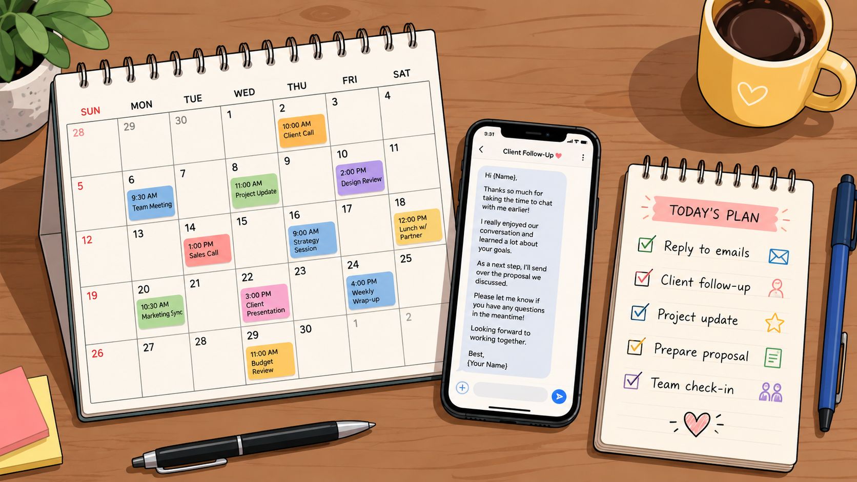 A professional desk setup featuring a calendar, smartphone showing a client email, and a task checklist.