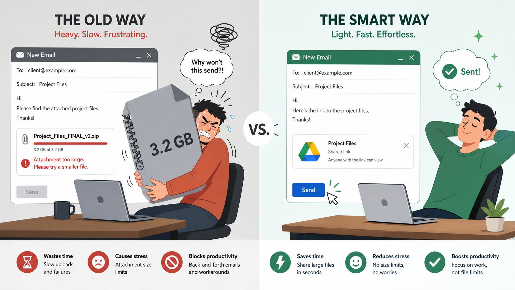 A comparison showing the frustration of email attachments versus the ease of sharing Google Drive links.