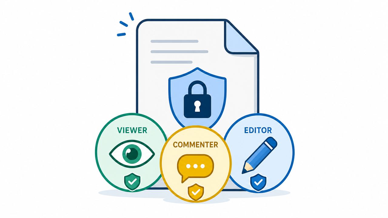 A graphic illustration showing a document with a lock icon representing Google Drive document permission settings.