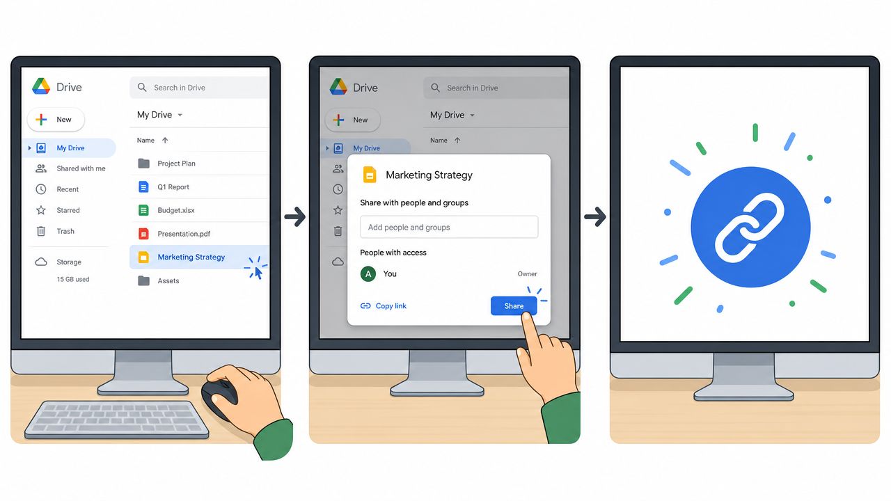 A three-step illustration showing how to share a Google Drive file by clicking share and sending a link.