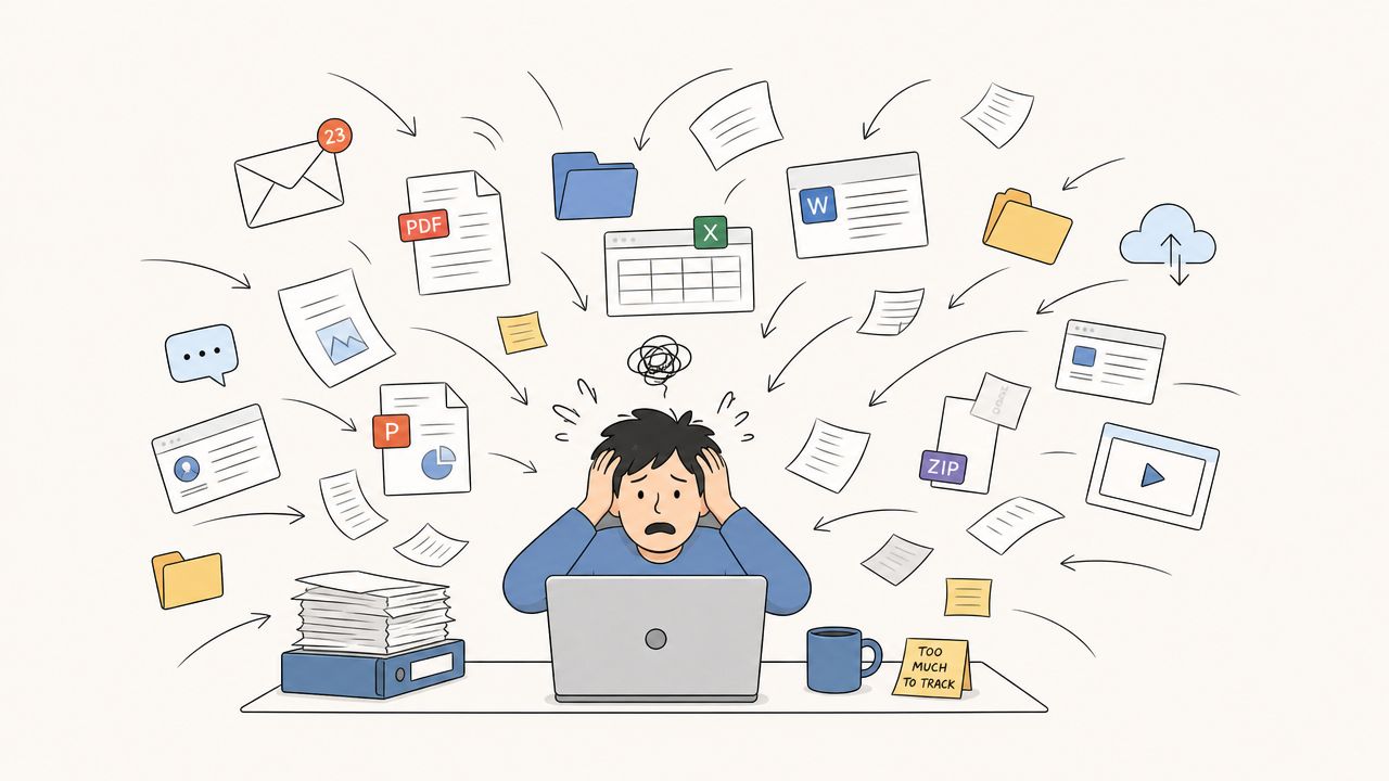 A stressed person working on a laptop surrounded by floating files, icons, and overwhelming digital documents.