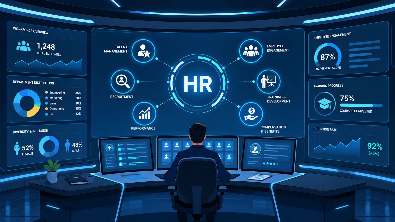 A digital illustration of an HR specialist monitoring corporate employee metrics on a high-tech holographic dashboard.