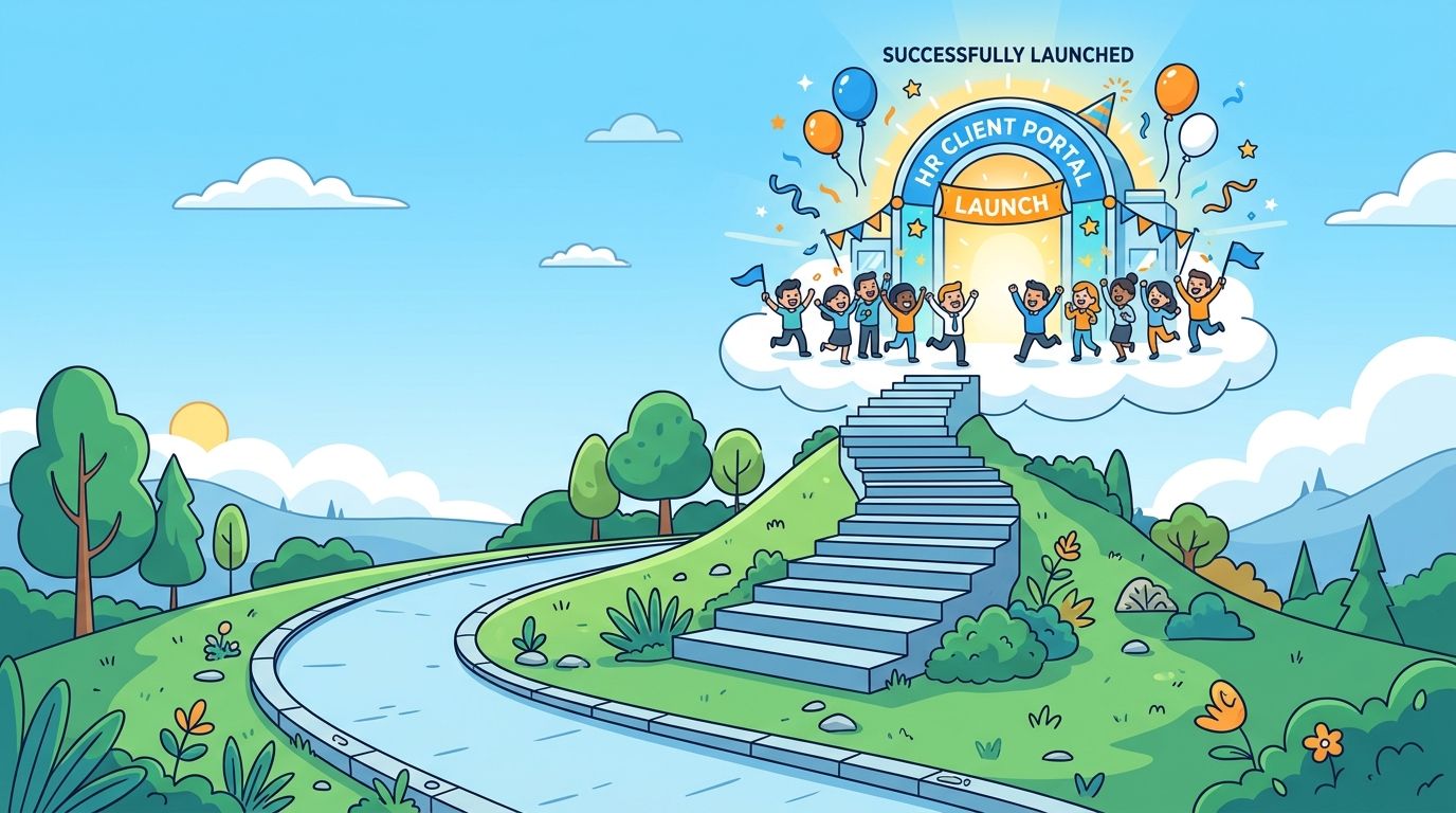 A group of happy employees celebrating the successful launch of an HR client portal on a cloud.