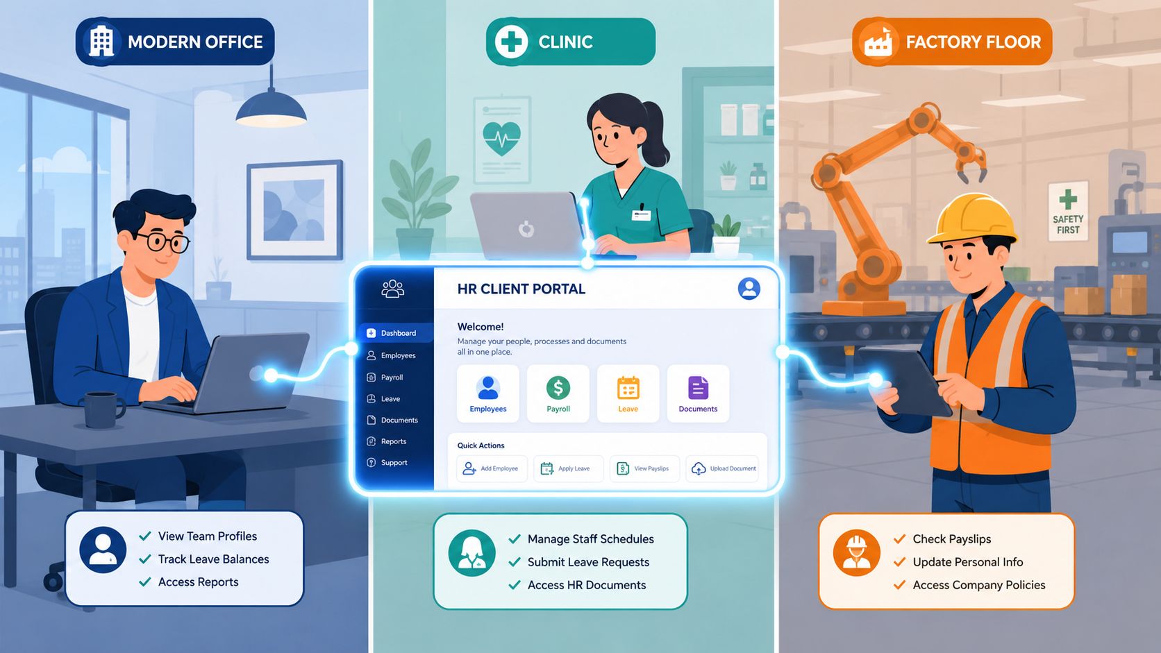 A digital illustration showing employees in an office, clinic, and factory using a centralized HR client portal.