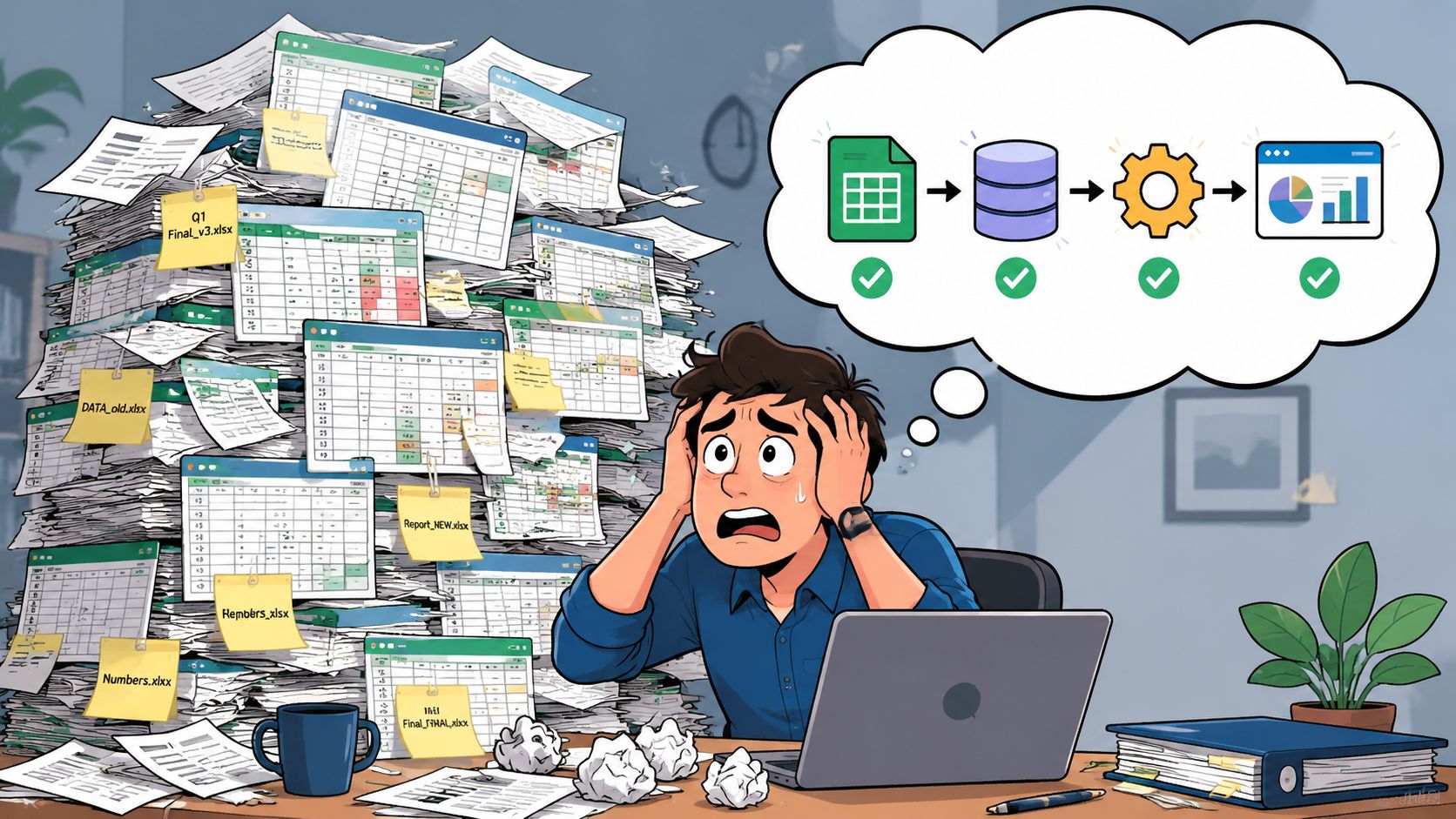 A stressed worker overwhelmed by messy spreadsheets dreaming of a streamlined data pipeline process.