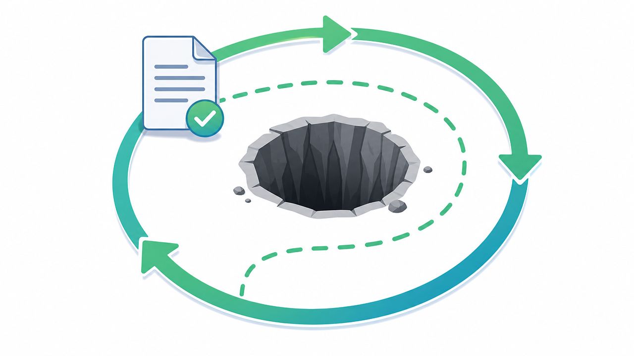 A conceptual illustration of a KYC compliance form document circling around a dark rocky hole.