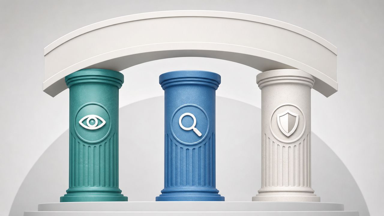 Three columns supporting an arch representing visibility, analysis, and security icons for financial services.