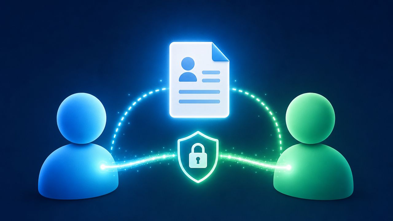 A digital illustration representing secure identity verification with a personal document shared between two figures under protection.