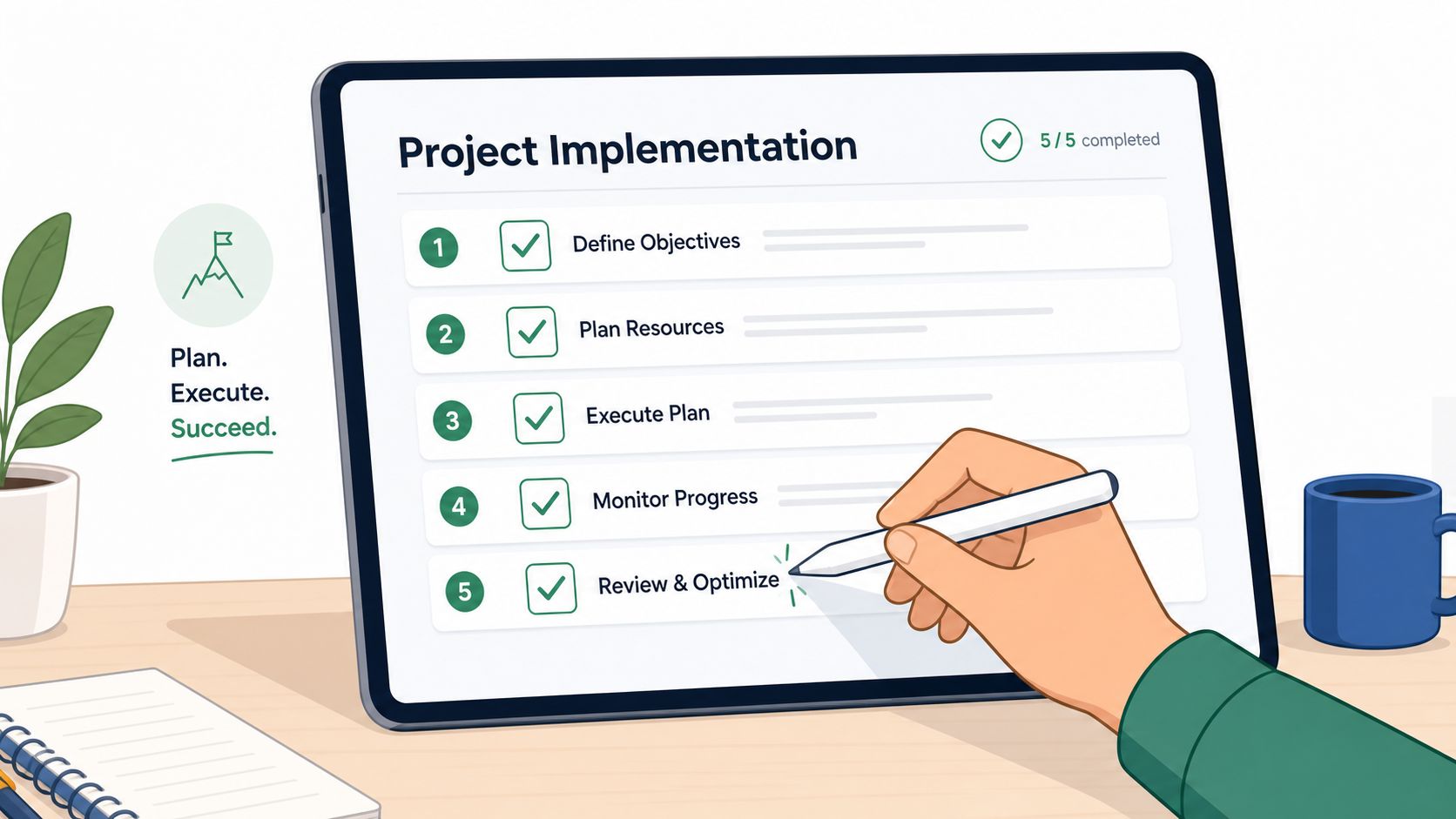 A digital illustration of a hand using a stylus to check off a project implementation task list.