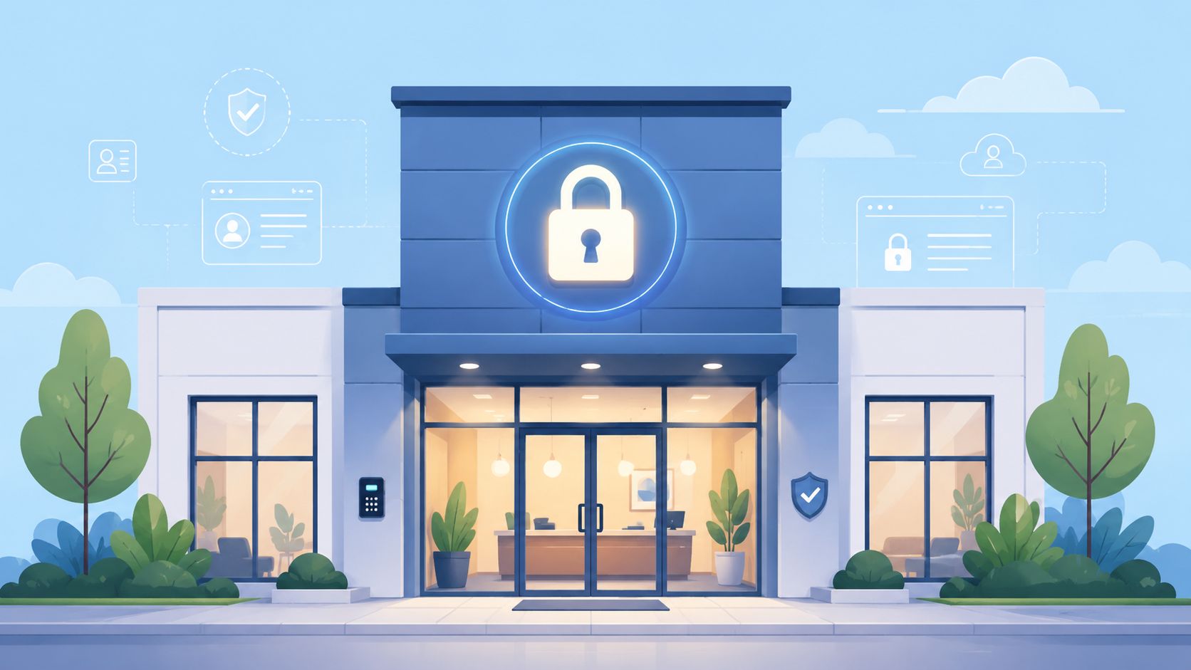 A modern law firm building exterior with glowing digital security icons representing a secure client portal.